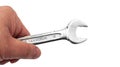 Close-up shot of a hand holding a wrench, isolated on white Royalty Free Stock Photo