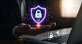 AI Cyber Security Protection with Laptop and Shield Displayed in Hand Royalty Free Stock Photo