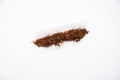 Close up shot of hand rolling tobacco on the white background in