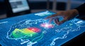 Hand interacting with advanced digital map display showing weather patterns and data visualization Royalty Free Stock Photo