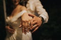 Close up shot on the hands of groom and bride showing their wedding rings Royalty Free Stock Photo