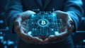 Cryptocurrency digital wallet held in hands shows bitcoin blockchain technology Royalty Free Stock Photo
