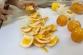 Close-up of hands slicing oranges with knife