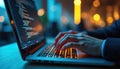Close-up shot of hands typing code on laptop in office. Programmer works on software development, cybersecurity project. Focused Royalty Free Stock Photo