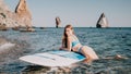 Woman sea sup. Close up portrait of happy young caucasian woman with long hair looking at camera and smiling. Cute woman Royalty Free Stock Photo