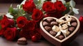 A close-up shot of a heart-shaped box of chocolates with a bouquet of red roses in the background Royalty Free Stock Photo