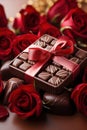 A close-up shot of a heart-shaped box of chocolates with a bouquet of red roses in the background Royalty Free Stock Photo