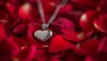 A heart-shaped pendant necklace resting on a bed of rose petals, Royalty Free Stock Photo