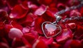 A heart-shaped pendant necklace resting on a bed of rose petals, Royalty Free Stock Photo