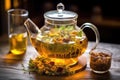 close-up shot of herbal tea steeping in clear glass teapot