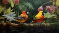 The intricate patterns and vibrant colors of finch birds as they enjoy a leisurely moment in a