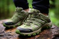 Close up shot of hiker exploring picturesque outdoor landscape while wearing sturdy hiking shoes