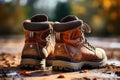 Close up shot of hiker outdoors wearing durable hiking shoes while enjoying a scenic walk