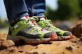 Close up shot of hiker wearing durable hiking shoes while exploring the great outdoors