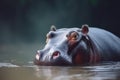 Close up shot of hippo head resting in water.