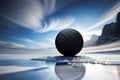 A close-up shot of a hockey puck gliding across the ice, surrounded by ice shavings