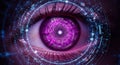 A close up shot of a human eye with a purple iris displaying binary code and intricate digital patterns around it Royalty Free Stock Photo