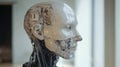 Close-up shot of a humanoid robots head showcasing intricate details