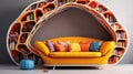 Colorful Mindscapes: Futuristic Orange Book-shaped Couch With Biomorphic Design