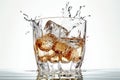 A close-up shot of ice cubes falling into a glass of clear liquid, captured from the top-down angle, with a white background that