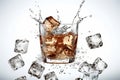 A close-up shot of ice cubes falling into a glass of clear liquid, captured from the top-down angle, with a white background that