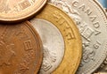 Close up shot of Indian, Canadian and Japanese coins Royalty Free Stock Photo
