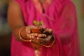 close up shot of Indian young girl kid showing diya with plant by looking camera during diwali celebration - concept of Royalty Free Stock Photo