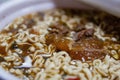 Close up shot of a instant Beef noodle soup