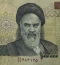 Close-up shot of the Iranian religious leader Ruhollah Khomeini on Rial banknote Royalty Free Stock Photo