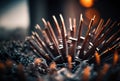 Close up shot of iron nails with bokeh. Background image.