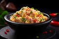 A close up shot of an isolated bowl of olivier salad on a table, showcasing its vibrant colors and textures