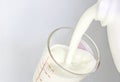 Close-up shot isolated of fresh milk being pour from a plastic bottle into a clear glass measuring milliliter as a healthy food or Royalty Free Stock Photo