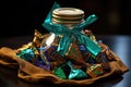 a close-up shot of a jar filled with shiny, wrapped toffees