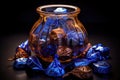 a close-up shot of a jar filled with shiny, wrapped toffees