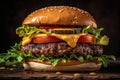 A close-up shot of a juicy, mouthwatering burger, stacked with crispy lettuce, ripe tomatoes, melted cheese, and a perfectly Royalty Free Stock Photo