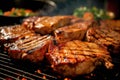 close-up shot of juicy pork chops on a hot bbq grill Royalty Free Stock Photo