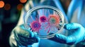 Close-up shot of lab worker holding bacteria dish