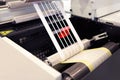 Close-up shot of labels manufacturing on flexo printing machine. Photo detail of matrix waste or trim removal from adhesive. Royalty Free Stock Photo