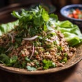 Close-Up Shot of Lao Larb with Fresh Herbs and Spicy Chilies