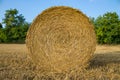 A close-up shot of a large bail of hay