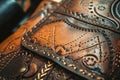 Close-up shot of leathercraft, tooling, and hand-stitching