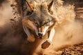 Close-up shot of light gray and white angry wolf attacking camera among sand and dust Royalty Free Stock Photo