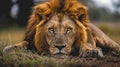 close up shot of a lion lying on the grass