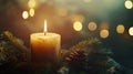 Illuminated Festive Candle with Pine Branches and Warm Bokeh Lights Royalty Free Stock Photo