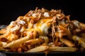 Close-up shot of loaded Poutine with a generous serving of crispy fries, cheese curds, savory gravy, and succulent pulled pork