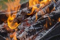 Close up shot of log pieces and fire wood, charcoal and ashes  burning in hot oranges flames in an old vintage brazier Royalty Free Stock Photo