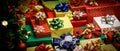 Close up shot of a lot of Merry Christmas eve wrapped present gift boxes stack with colorful ribbons and bows with decoration Xmas Royalty Free Stock Photo