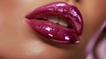 A close-up shot of luscious lips coated in glossy magenta lipstick, highlighting detailed textures and the shine of the lip gloss