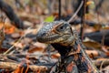 Close Up Shot of a Majestic Iguana in a Natural Habitat Surrounded by Fallen Leaves