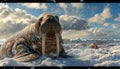 Close-up on walrus, on a snowy beach